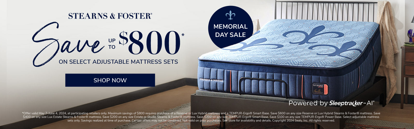 Stearns & Foster Memorial Day Sale - Save up to $800 on Select Adjustable Mattress Sets