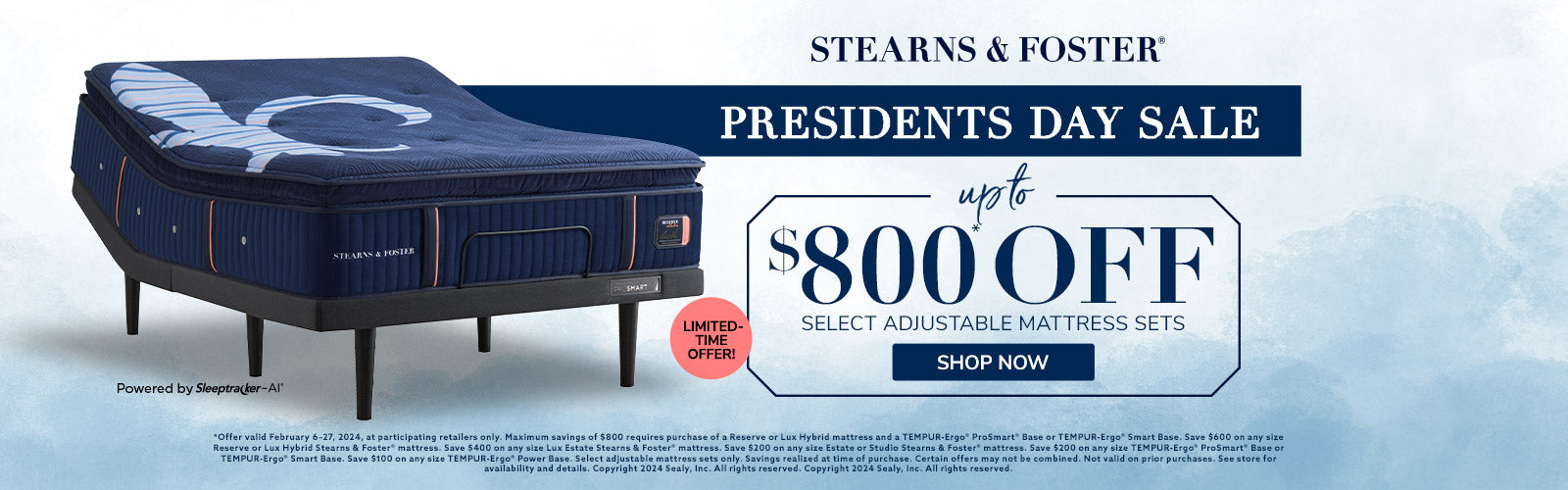 Stearns & Foster Presidents Day Sale - Save up to $800 on Select Adjustable Mattress Sets