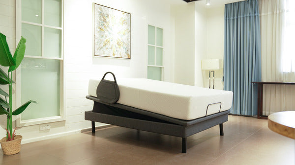 Ergomotion Ascend adjustable bed shown with a mattress in a bedroom - Bedplanet