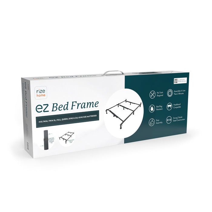 Rize EZ Bed Frame retail box highlighting no-tools assembly and steel construction