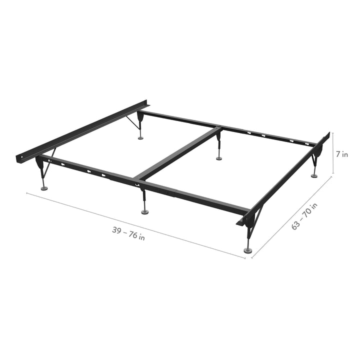 Rize Universal Bed Frame dimensions diagram, expands 39 to 76 inches wide
