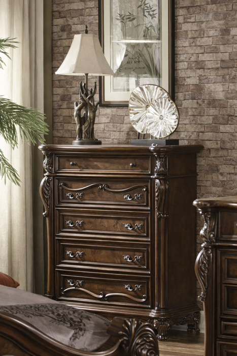 McFerran B7189 Queen Panel Bed in Cherry Oak - Victorian Style with Ash Burl Veneer - Bedplanet