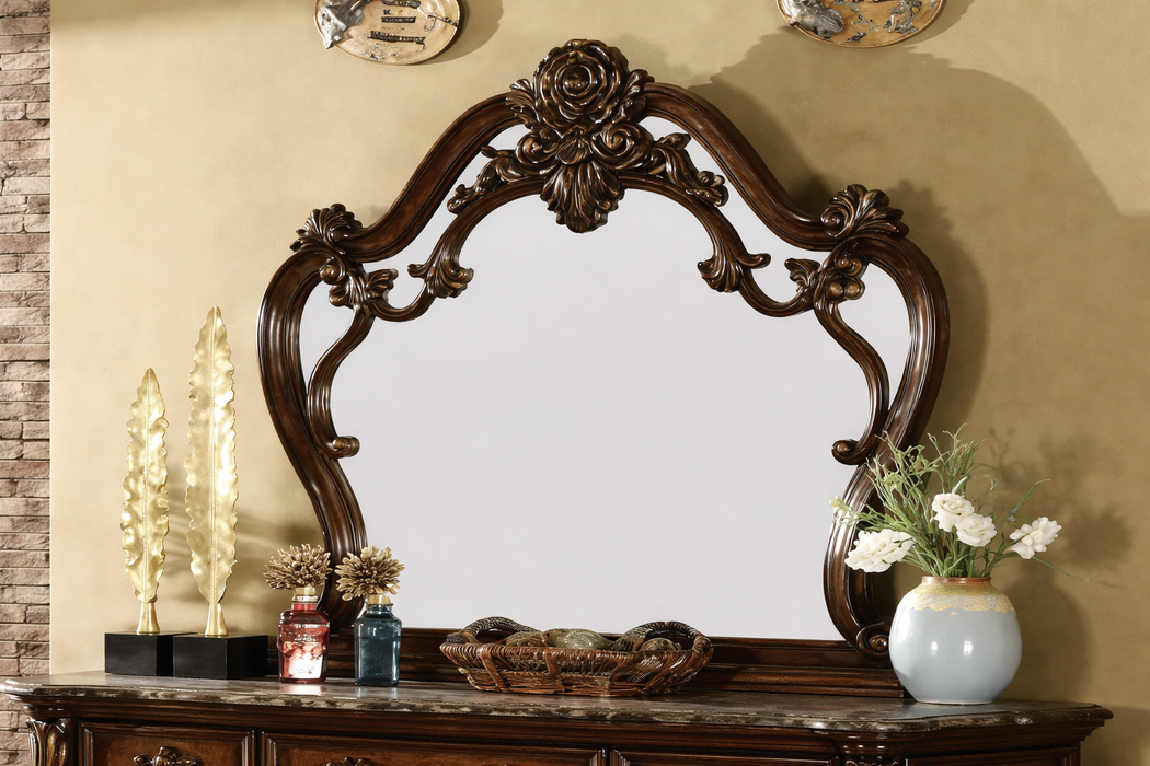 McFerran B7189 Queen Panel Bed in Cherry Oak - Victorian Style with Ash Burl Veneer - Bedplanet