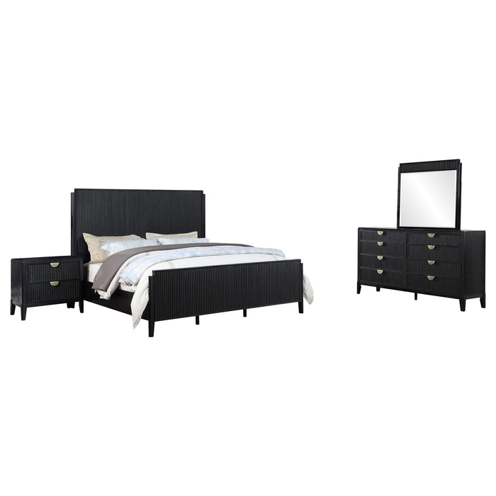 Brookmead Modern Bedroom Furniture Set – Wire-Brushed Black Finish with Fluted Texturing, Golden Demi-Lune Handles, and English Dovetail Craftsmanship - LasVegasFurnitureOnline.com