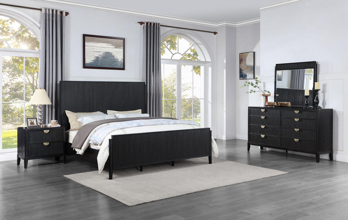 Brookmead Modern Bedroom Furniture Set – Wire-Brushed Black Finish with Fluted Texturing, Golden Demi-Lune Handles, and English Dovetail Craftsmanship - LasVegasFurnitureOnline.com
