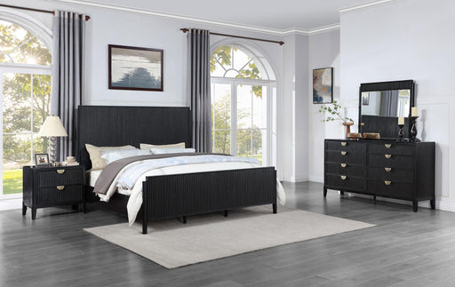 Brookmead Modern Bedroom Furniture Set – Wire-Brushed Black Finish with Fluted Texturing, Golden Demi-Lune Handles, and English Dovetail Craftsmanship - LasVegasFurnitureOnline.com