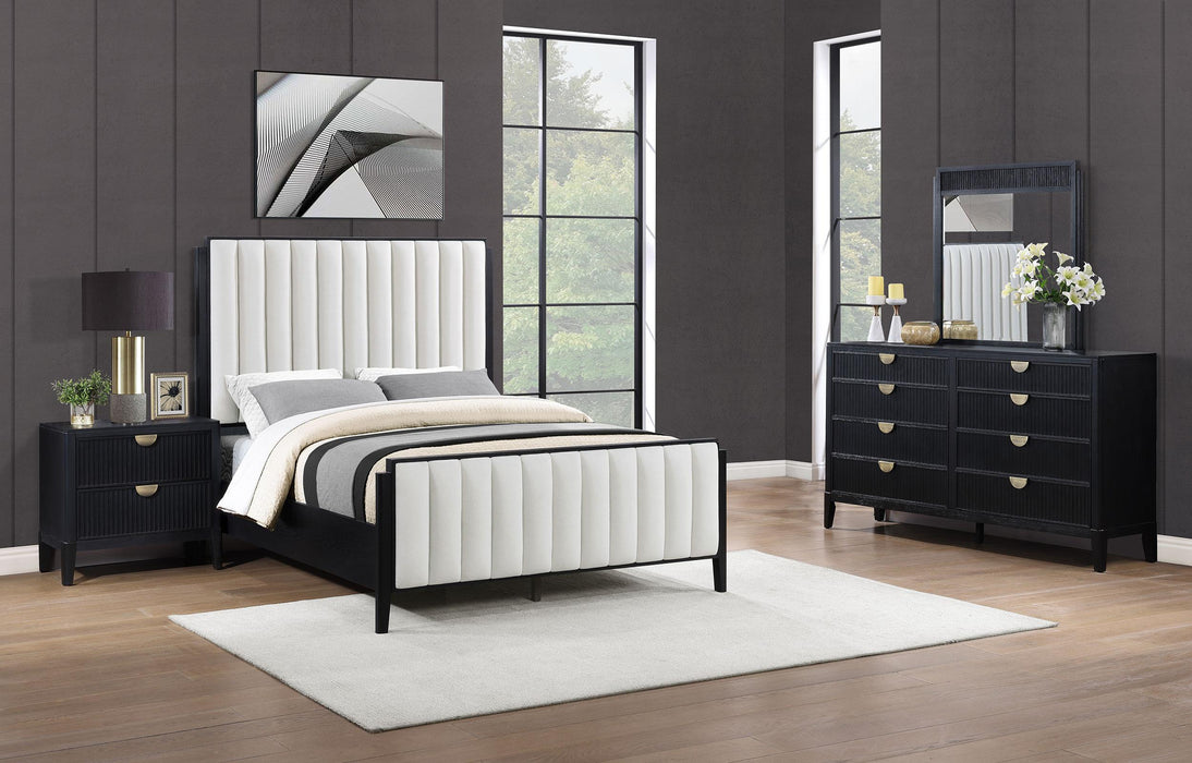 Brookmead Modern Bedroom Furniture Set – Wire-Brushed Black Finish with Fluted Texturing, Golden Demi-Lune Handles, and English Dovetail Craftsmanship - LasVegasFurnitureOnline.com