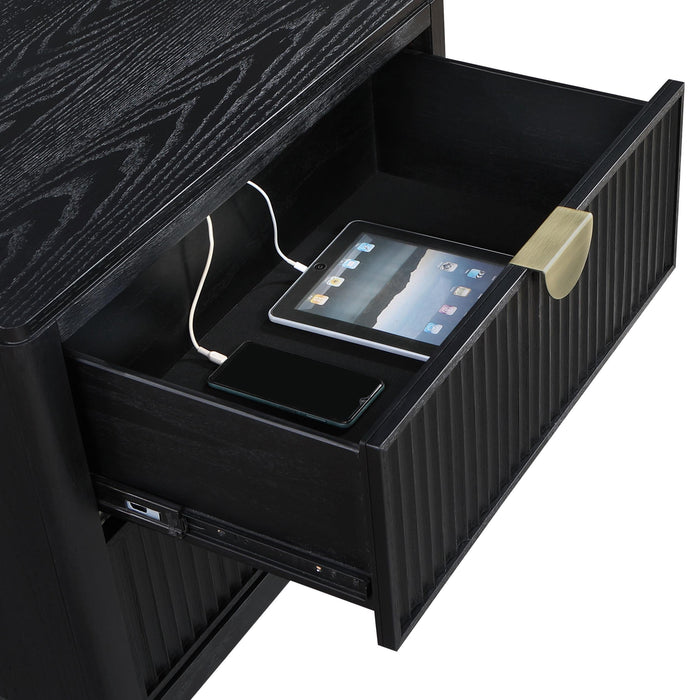 Brookmead Modern Bedroom Furniture Set – Wire-Brushed Black Finish with Fluted Texturing, Golden Demi-Lune Handles, and English Dovetail Craftsmanship - LasVegasFurnitureOnline.com