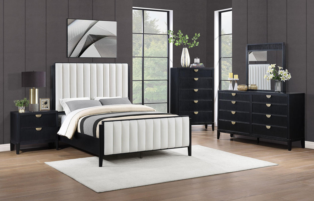 Brookmead Modern Bedroom Furniture Set – Wire-Brushed Black Finish with Fluted Texturing, Golden Demi-Lune Handles, and English Dovetail Craftsmanship - LasVegasFurnitureOnline.com