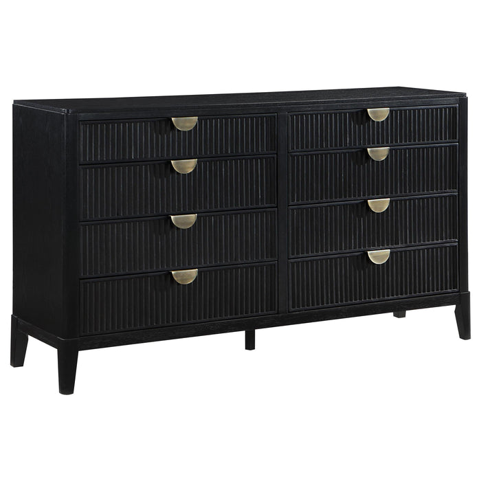 Brookmead Modern Bedroom Furniture Set – Wire-Brushed Black Finish with Fluted Texturing, Golden Demi-Lune Handles, and English Dovetail Craftsmanship - LasVegasFurnitureOnline.com