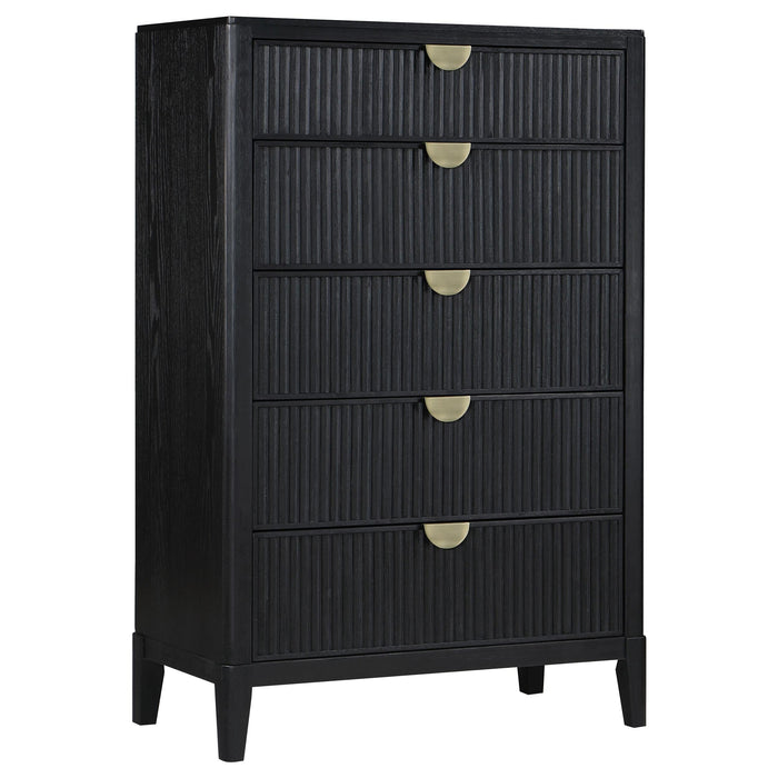 Brookmead Modern Bedroom Furniture Set – Wire-Brushed Black Finish with Fluted Texturing, Golden Demi-Lune Handles, and English Dovetail Craftsmanship - LasVegasFurnitureOnline.com