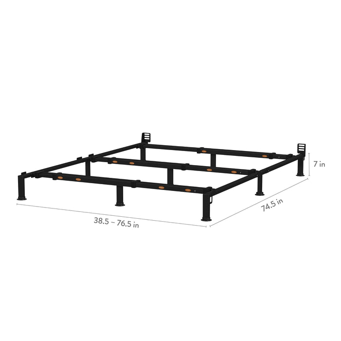 Rize EZ Bed Frame dimensions diagram, expands 38.5 to 76.5 inches wide