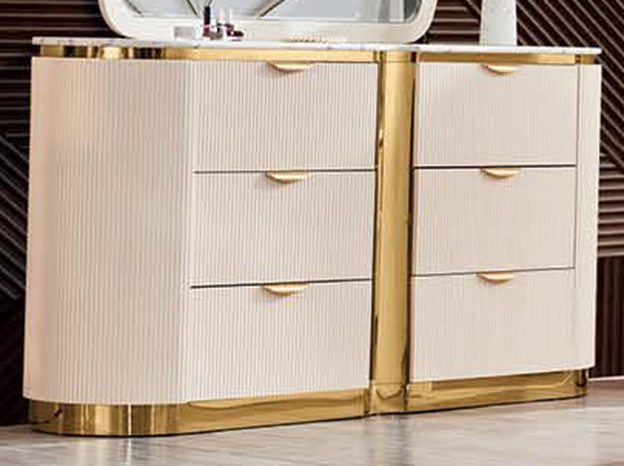McFerran B1001 six-drawer dresser, creamy white fluted front with gold-tone pulls and plinth base