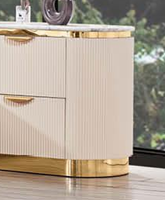 McFerran B1001 two-drawer nightstand, creamy white fluted front with white faux marble top and gold-tone plinth base