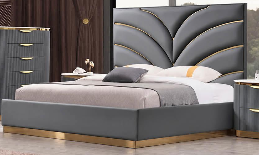 McFerran B1003 bed with gray bonded leather headboard, fanned gold channel detail and gold-tone base