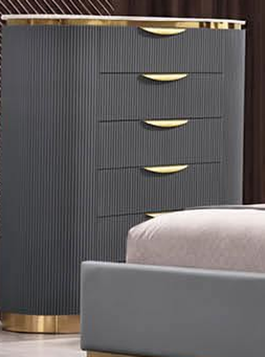 McFerran B1003 five-drawer chest, gray fluted front with gold-tone top band and plinth base