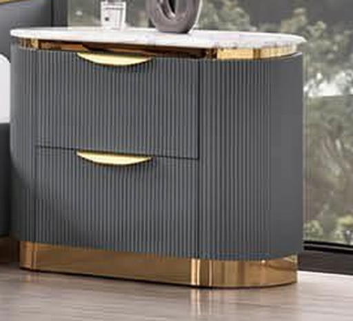 McFerran B1003 two-drawer nightstand, gray fluted front with white faux marble top and gold-tone plinth base