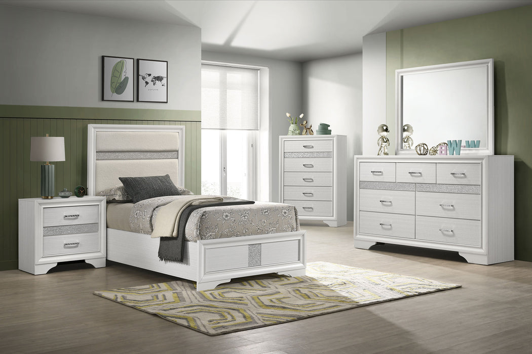 Coaster Fine Furniture Miranda Glam Bedroom Set – Textured Finish, Crystal Handles & Secret Jewelry Drawers - Bedplanet