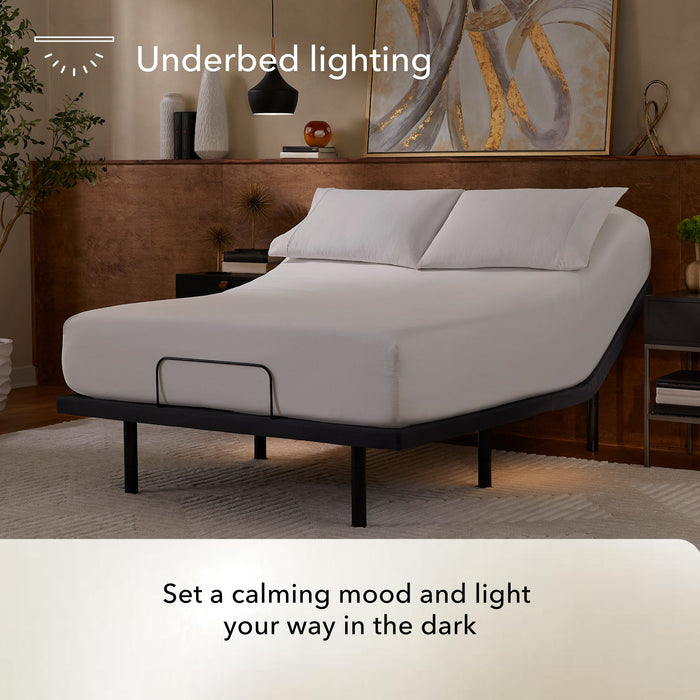 baselogic Pearl Adjustable Base underbed lighting glowing beneath the bed