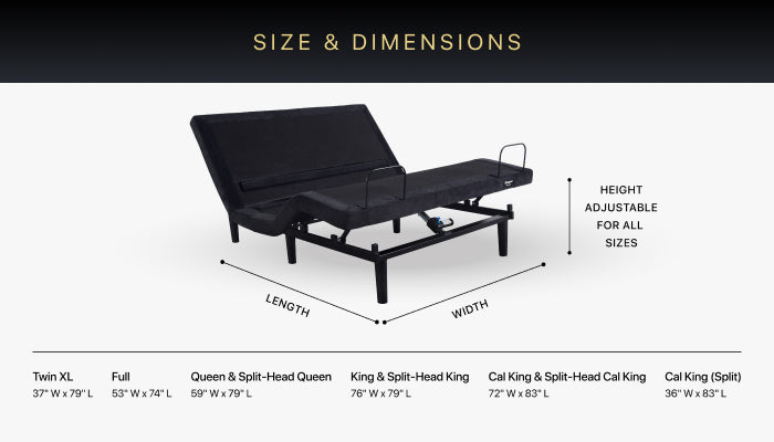Beautyrest Black Luxury Adjustable Base size and dimensions chart