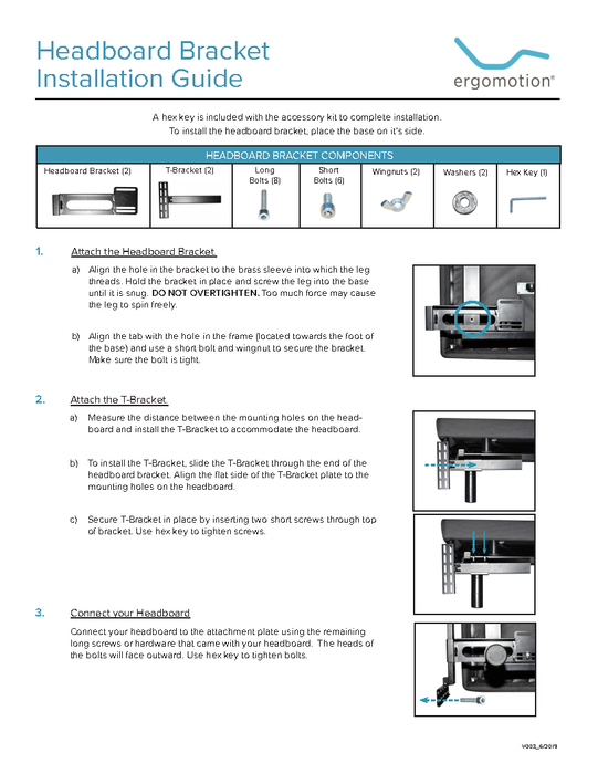 Ergomotion Ascend headboard bracket installation guide showing included parts and steps