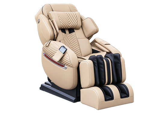 Luraco iRobotics 11 (i11) Royal Edition Medical Massage Chair with 18K Gold Accents - Cream - angled view