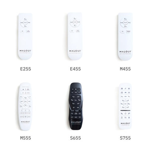 Malouf current adjustable base remotes - white remotes for E255, E455, M455, M555 and S755 and a black remote for S655
