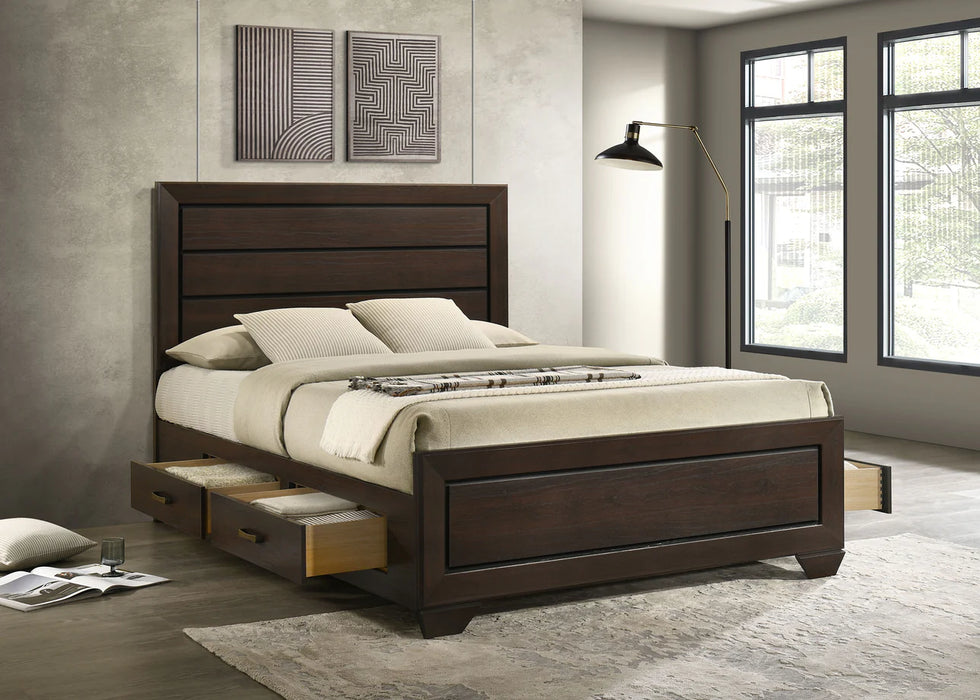 Coaster Fine Furniture Kauffman Bed | Wood Grain Panels, Antique Brass Hardware & Kenlin Glides | Washed Taupe or Dark Cocoa