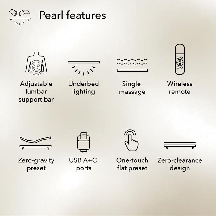 Serta baselogic Pearl Adjustable Base features: lumbar support bar, underbed lighting, massage, wireless remote, zero-gravity, USB A+C ports